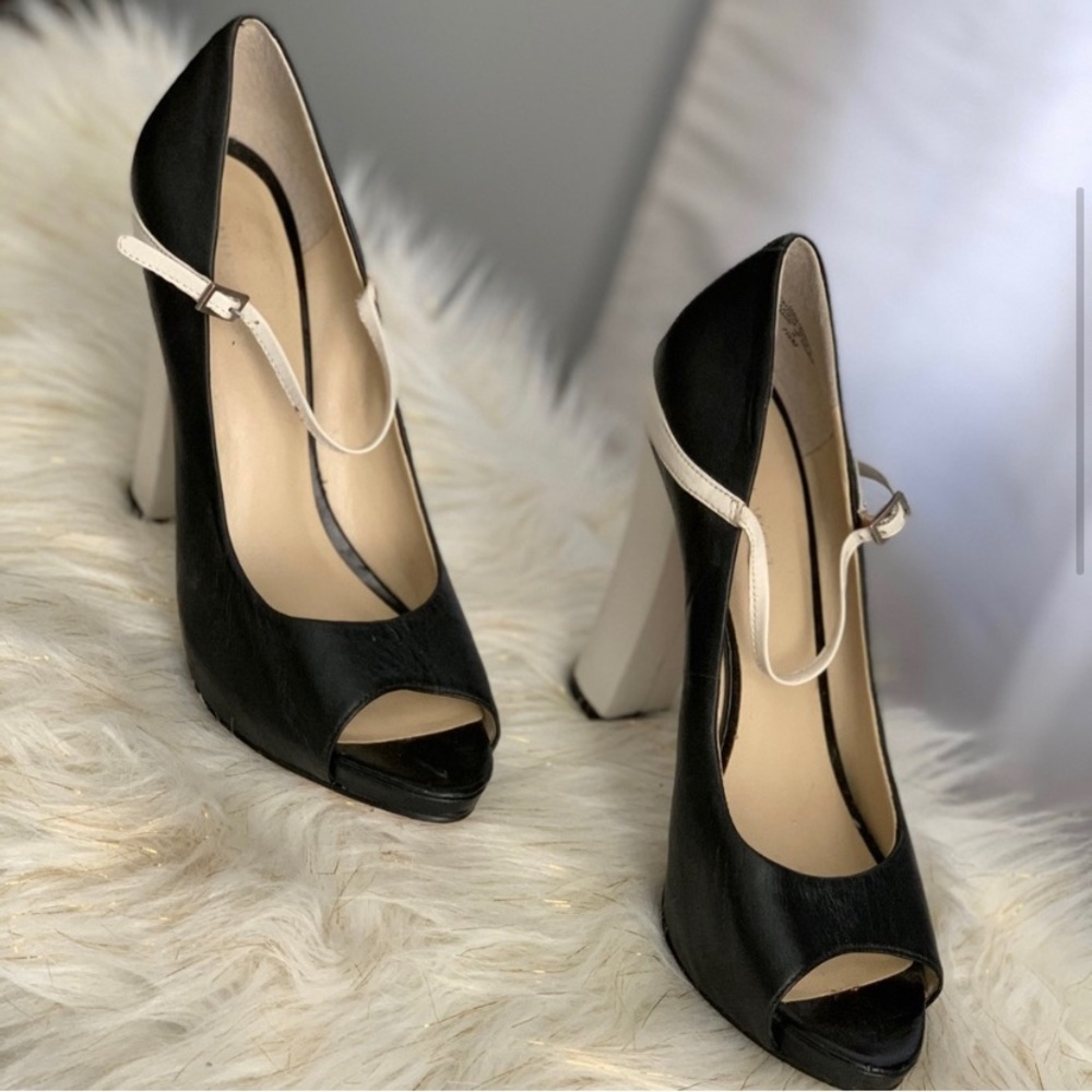 Nine West Black and Cream Peep Toe Heels